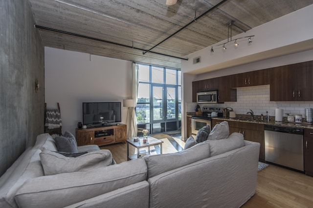 living room featuring light wood-type flooring and sink