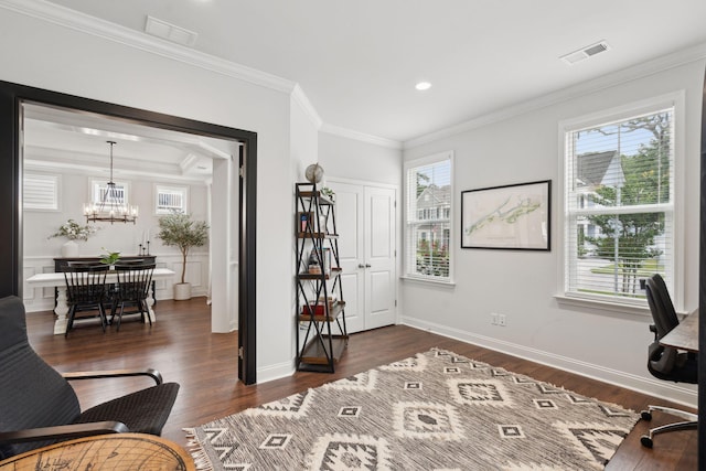 2267 Kemmerlin St, Johns Island, SC 29455 - office with ornamental molding, dark wood finished floors, a chandelier, and recessed lighting
