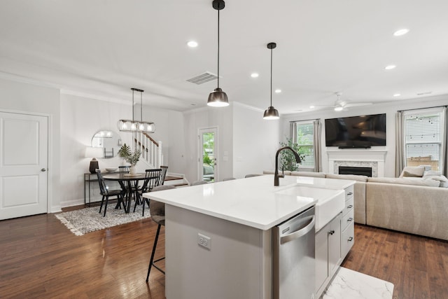 2267 Kemmerlin St, Johns Island, SC 29455 - kitchen featuring stainless steel dishwasher, healthy amount of natural light, a ceiling fan, recessed lighting, and crown molding