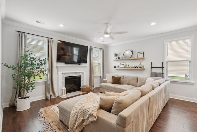 2267 Kemmerlin St, Johns Island, SC 29455 - living area with ceiling fan, healthy amount of natural light, dark wood-type flooring, crown molding, and a fireplace