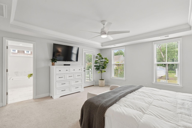 2267 Kemmerlin St, Johns Island, SC 29455 - bedroom with a raised ceiling, access to exterior, light colored carpet, crown molding, and a ceiling fan
