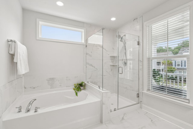 2267 Kemmerlin St, Johns Island, SC 29455 - full bathroom with a garden tub, marble finish floors, a marble finish shower, and recessed lighting