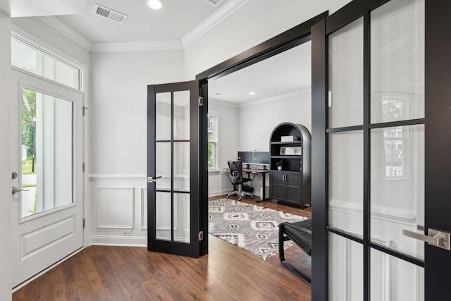 2267 Kemmerlin St, Johns Island, SC 29455 - foyer entrance featuring healthy amount of natural light, french doors, ornamental molding, wood finished floors, and recessed lighting