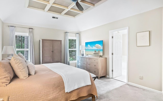 2655 Gnarled Pne, Seabrook Island, SC 29455 - bedroom featuring light carpet, baseboards, coffered ceiling, beamed ceiling, and ensuite bathroom