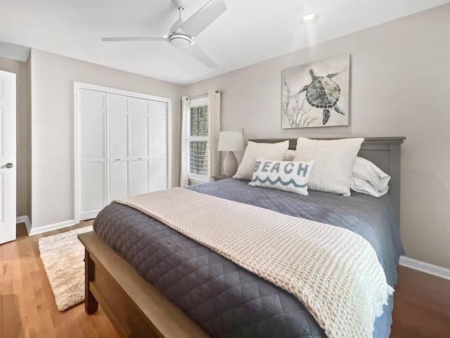 2655 Gnarled Pne, Seabrook Island, SC 29455 - bedroom with a closet, baseboards, wood finished floors, a ceiling fan, and recessed lighting