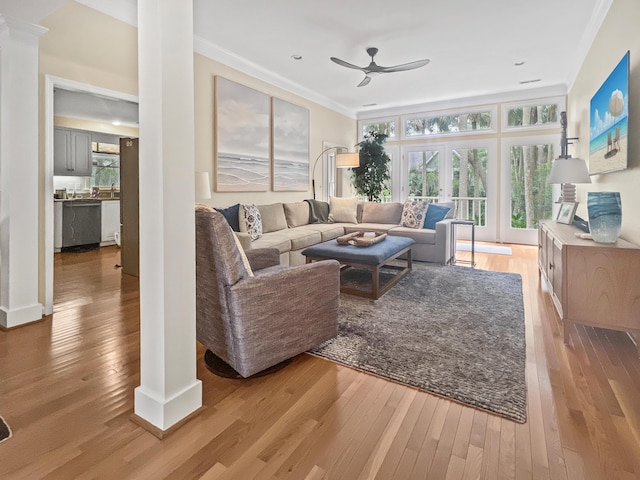 2655 Gnarled Pne, Seabrook Island, SC 29455 - living area featuring a ceiling fan, light wood-type flooring, ornamental molding, ornate columns, and recessed lighting