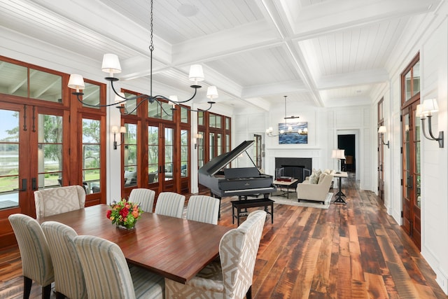4855 Retriever Rd, Wadmalaw Island, SC 29487 - dining room with dark wood finished floors, coffered ceiling, beamed ceiling, a chandelier, and french doors