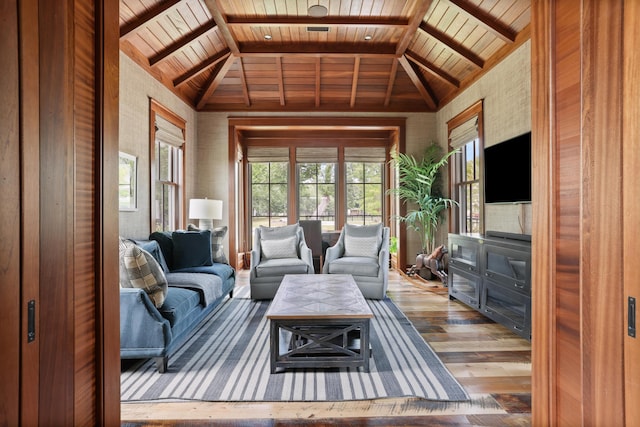 4855 Retriever Rd, Wadmalaw Island, SC 29487 - living room featuring wooden ceiling, wood-type flooring, beamed ceiling, and high vaulted ceiling