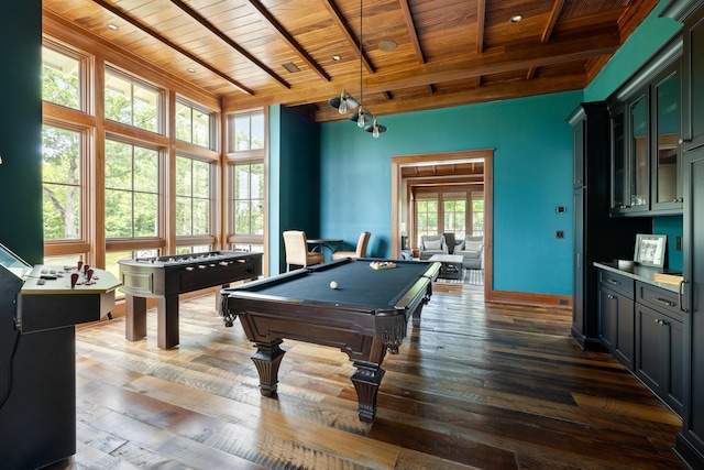 4855 Retriever Rd, Wadmalaw Island, SC 29487 - game room featuring wooden ceiling, pool table, beam ceiling, dark wood finished floors, and baseboards