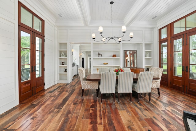 4855 Retriever Rd, Wadmalaw Island, SC 29487 - dining space featuring french doors, crown molding, dark wood finished floors, healthy amount of natural light, and beam ceiling