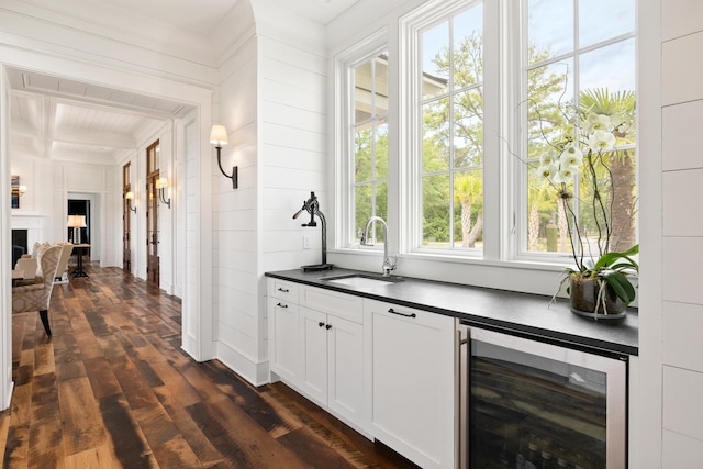 4855 Retriever Rd, Wadmalaw Island, SC 29487 - bar area featuring wine cooler, a sink, dark wood-type flooring, crown molding, and wood walls