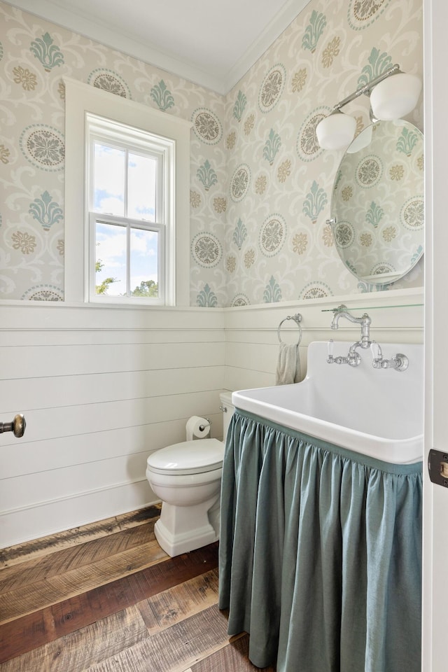 4855 Retriever Rd, Wadmalaw Island, SC 29487 - half bathroom featuring wallpapered walls, ornamental molding, toilet, wood finished floors, and a wainscoted wall