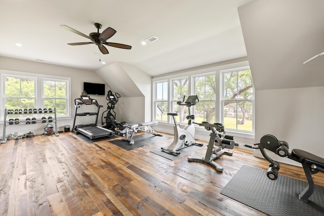 4855 Retriever Rd, Wadmalaw Island, SC 29487 - exercise room with lofted ceiling, healthy amount of natural light, a ceiling fan, hardwood / wood-style flooring, and recessed lighting