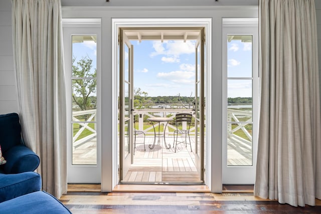 4855 Retriever Rd, Wadmalaw Island, SC 29487 - doorway featuring healthy amount of natural light, wood finished floors, and ornamental molding