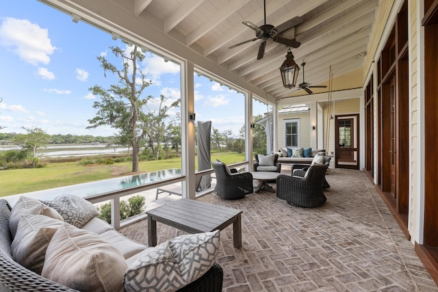4855 Retriever Rd, Wadmalaw Island, SC 29487 - sunroom featuring an outdoor living space, a ceiling fan, and a water view