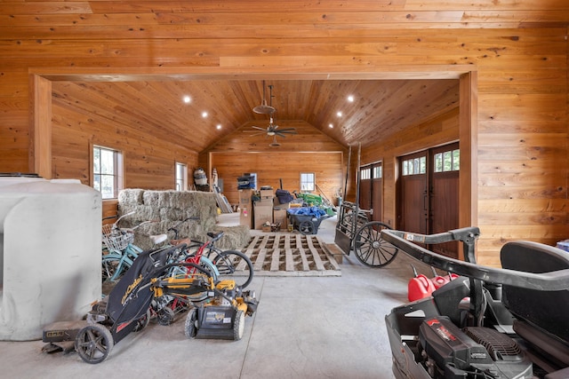 4855 Retriever Rd, Wadmalaw Island, SC 29487 - garage featuring wood walls, wood ceiling, ceiling fan, and recessed lighting
