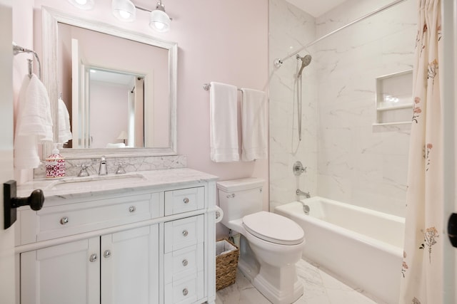 4855 Retriever Rd, Wadmalaw Island, SC 29487 - bathroom featuring toilet, vanity, shower / bath combo with shower curtain, and marble finish floors