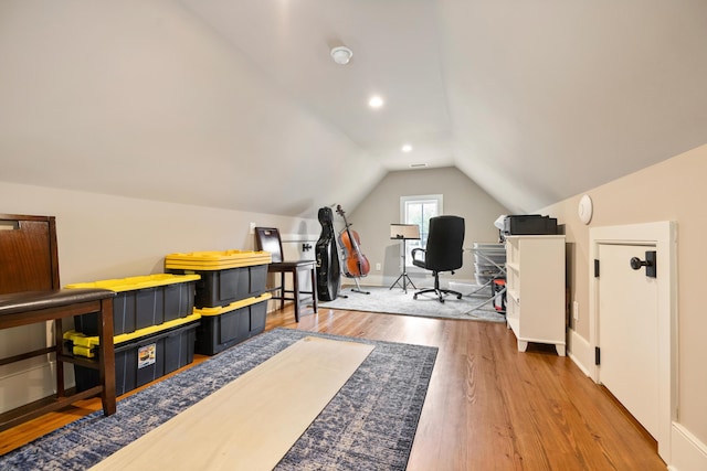 4855 Retriever Rd, Wadmalaw Island, SC 29487 - home office featuring wood finished floors, vaulted ceiling, baseboards, and recessed lighting