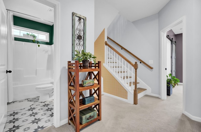 stairs featuring a barn door and carpet