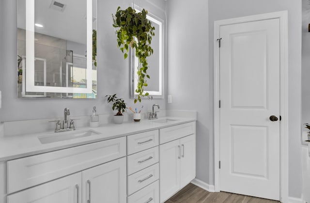 bathroom featuring hardwood / wood-style flooring and vanity