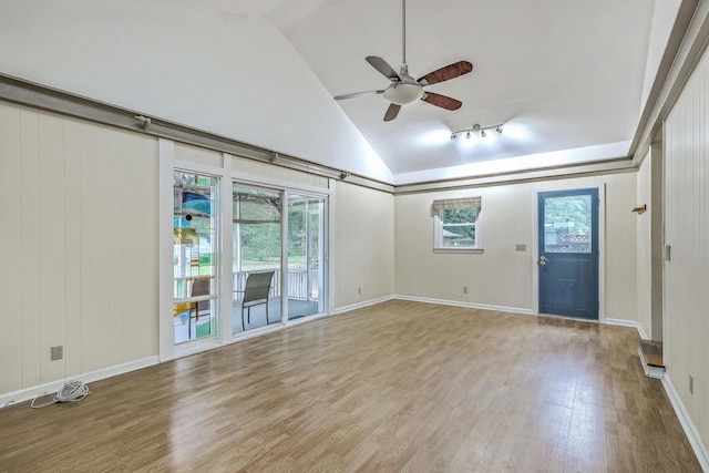 4729 Lang Ridge Dr, North Charleston, SC 29405 - unfurnished living room featuring wood finished floors, ceiling fan, and high vaulted ceiling