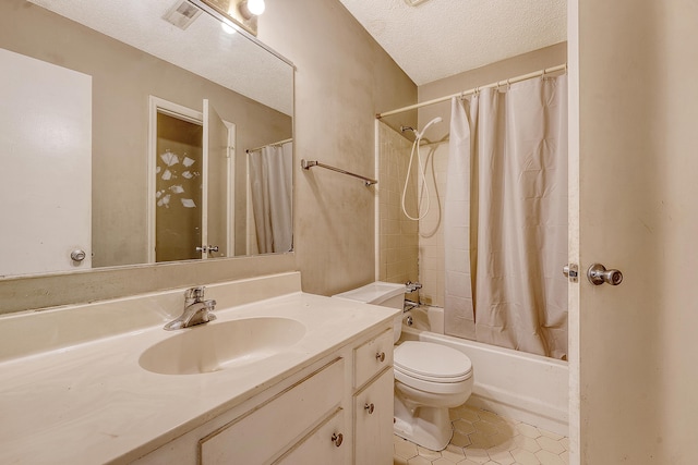 4606 Moss Ct, North Charleston, SC 29420 - bathroom featuring vanity, toilet, shower / bathtub combination with curtain, a textured ceiling, and tile patterned flooring