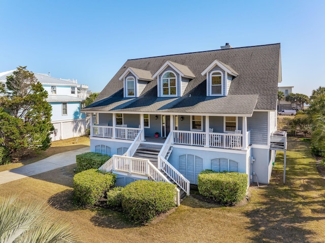 cape cod home featuring covered porch and a front lawn