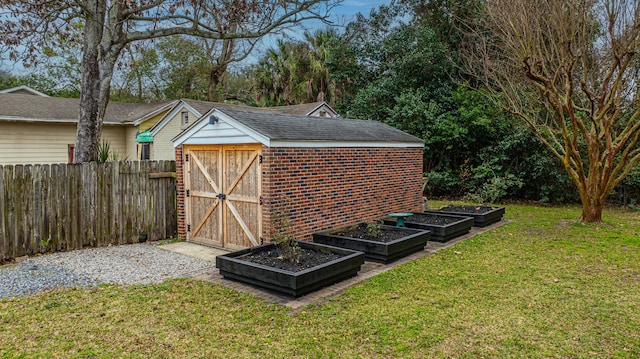 view of outbuilding with a lawn