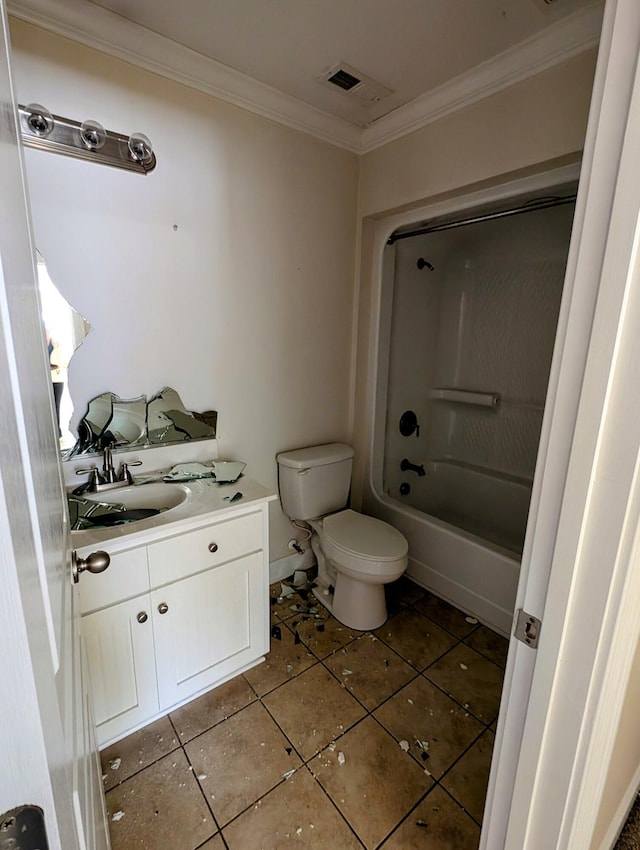 bathroom with visible vents, toilet, ornamental molding, tile patterned floors, and vanity