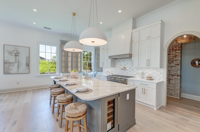 kitchen featuring tasteful backsplash, beverage cooler, custom range hood, light wood-style floors, and a sink