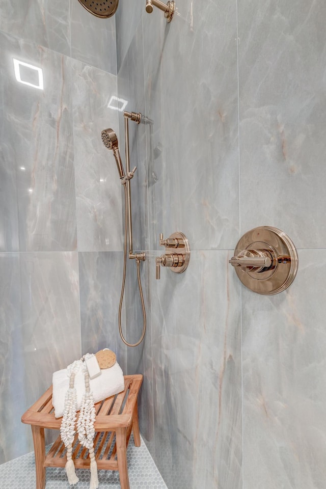 interior details featuring a marble finish shower