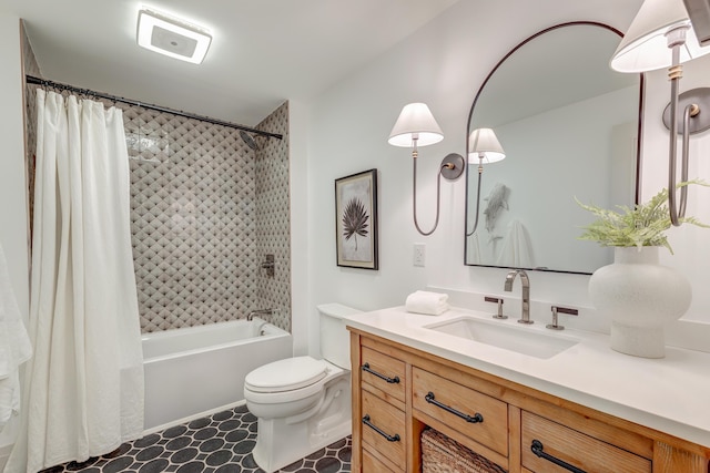 full bath with toilet, vanity, and shower / tub combo with curtain