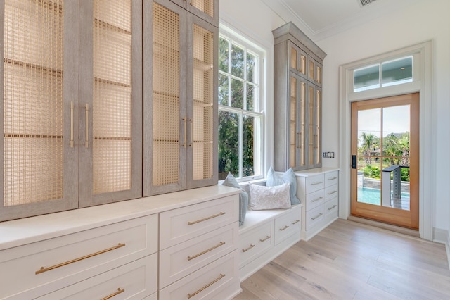 interior space with light wood finished floors and visible vents