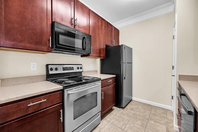 kitchen with stainless steel appliances, light tile patterned flooring, ornamental molding, and light stone countertops