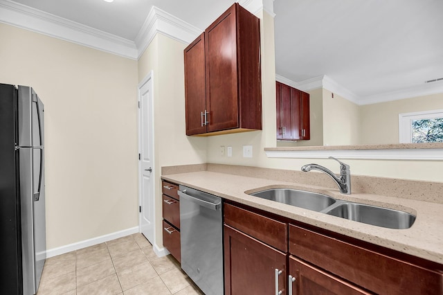 kitchen featuring stainless steel appliances, crown molding, light stone countertops, light tile patterned floors, and sink