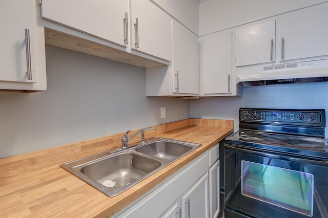kitchen featuring a sink, black / electric stove, white cabinetry, under cabinet range hood, and light countertops