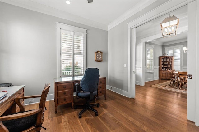 1962 Bellona St, Charleston, SC 29492 - office area with plenty of natural light, wood finished floors, an inviting chandelier, and crown molding