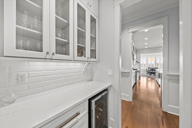 1962 Bellona St, Charleston, SC 29492 - bar featuring dark wood-style floors, beverage cooler, tasteful backsplash, and recessed lighting