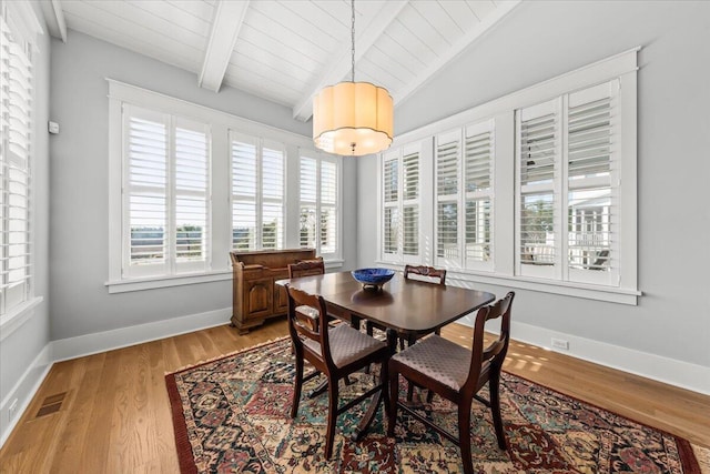 1962 Bellona St, Charleston, SC 29492 - dining area with light wood-type flooring, visible vents, lofted ceiling with beams, and baseboards