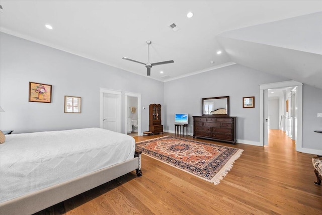 1962 Bellona St, Charleston, SC 29492 - bedroom featuring baseboards, visible vents, vaulted ceiling, light wood-style floors, and recessed lighting