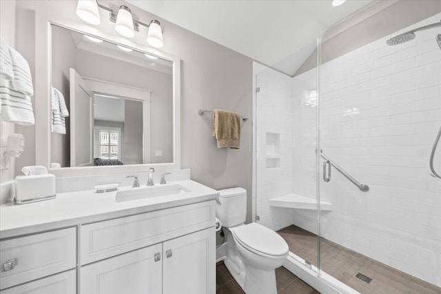 1962 Bellona St, Charleston, SC 29492 - bathroom with toilet, a stall shower, lofted ceiling, and vanity