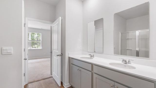 bathroom with hardwood / wood-style floors, a shower with door, and vanity