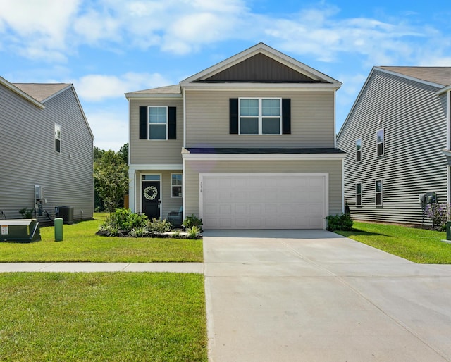 view of front facade featuring central air condition unit, a front yard, and a garage