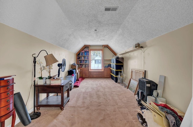 additional living space with a textured ceiling, light colored carpet, and lofted ceiling