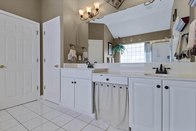 1664 William Hapton Way, Mount Pleasant, SC 29466 - full bath with double vanity, vaulted ceiling, a stall shower, tile patterned floors, and a chandelier