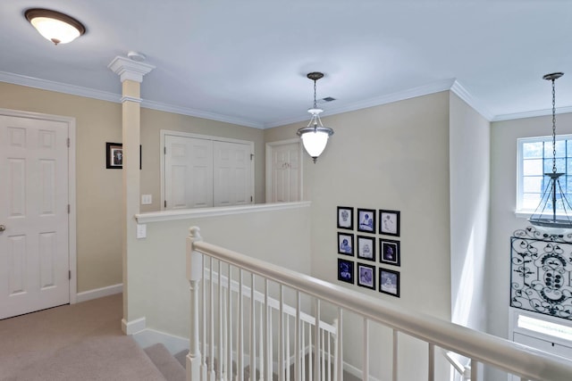 1664 William Hapton Way, Mount Pleasant, SC 29466 - corridor featuring an upstairs landing, carpet, and ornamental molding