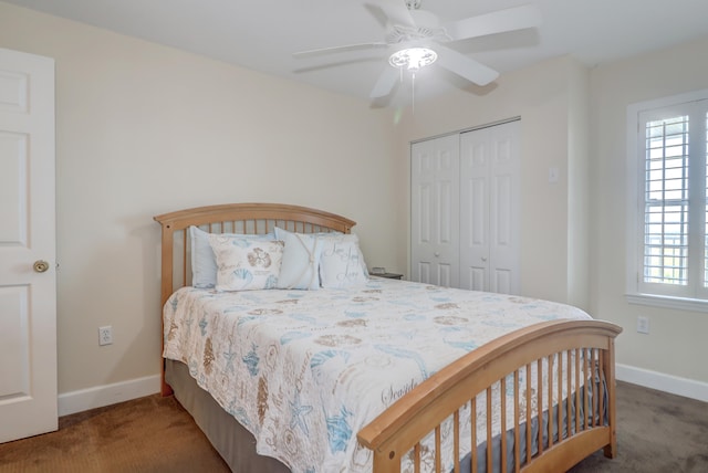 bedroom featuring a closet, ceiling fan, and carpet flooring