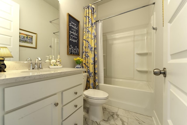 full bath featuring toilet, marble finish flooring, shower / bathtub combination with curtain, and vanity
