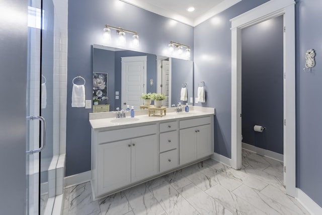full bath with marble finish flooring, baseboards, double vanity, a stall shower, and recessed lighting