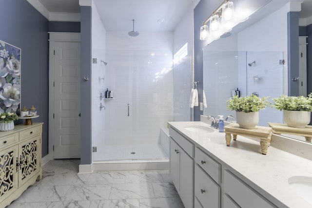 bathroom featuring a shower stall, marble finish flooring, and double vanity